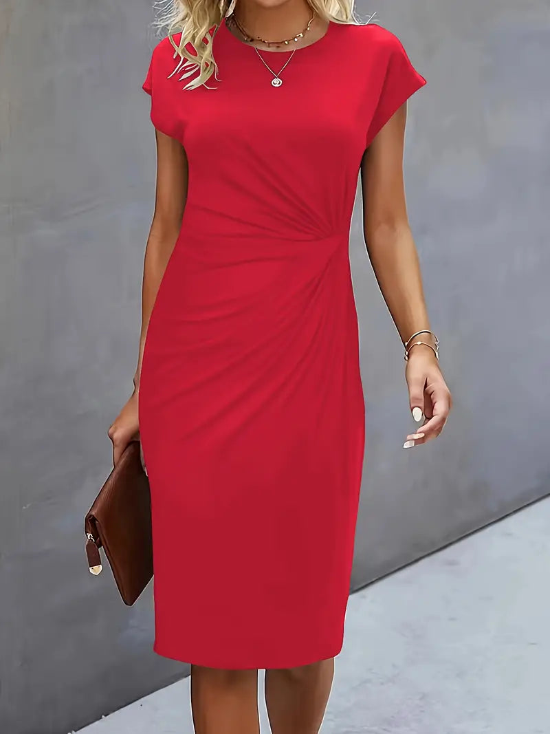 Abito a tubino da donna con pieghe – Abito da lavoro aderente con scollo rotondo per ufficio, eventi e look serali