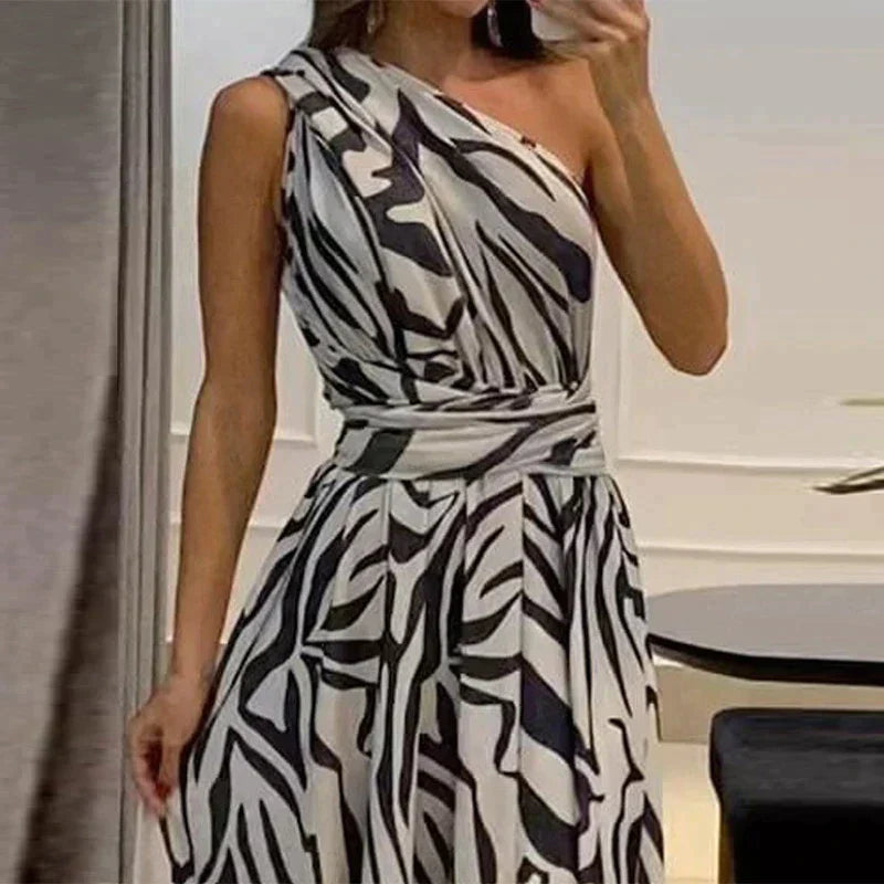 Elegante abito lungo monospalla con stampa zebra e spacco sulla gamba – Per occasioni speciali