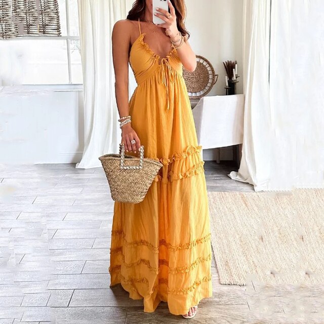 Abito lungo boho arioso con spalline sottili e volant – abito estivo per vacanze, spiaggia e vita quotidiana