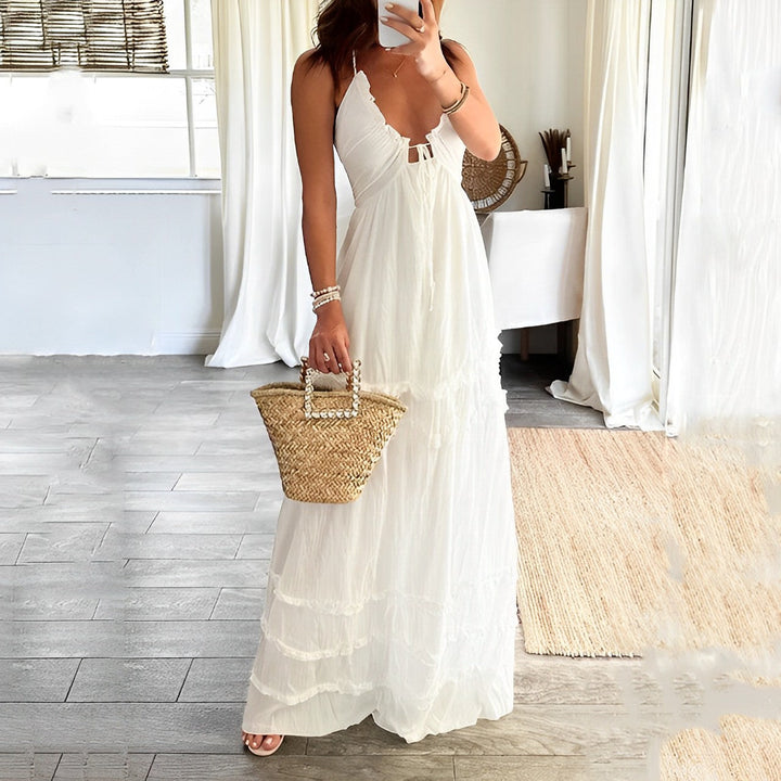 Abito lungo boho arioso con spalline sottili e volant – abito estivo per vacanze, spiaggia e vita quotidiana