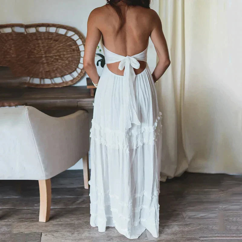 Abito lungo boho arioso con spalline sottili e volant – abito estivo per vacanze, spiaggia e vita quotidiana