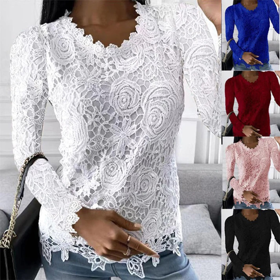 Camicetta elegante donna manica lunga – Camicetta all'uncinetto elegante con pizzo floreale, scollo a V e effetto trasparente