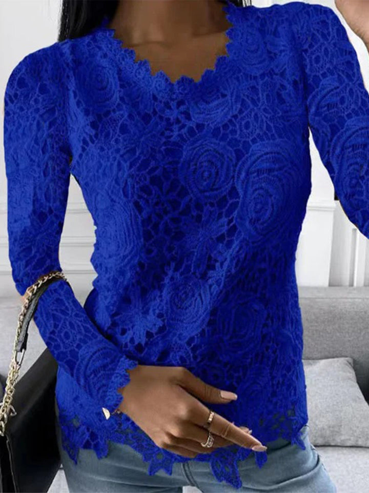 Camicetta elegante donna manica lunga – Camicetta all'uncinetto elegante con pizzo floreale, scollo a V e effetto trasparente