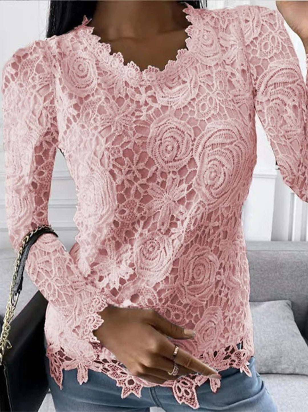 Camicetta elegante donna manica lunga – Camicetta all'uncinetto elegante con pizzo floreale, scollo a V e effetto trasparente