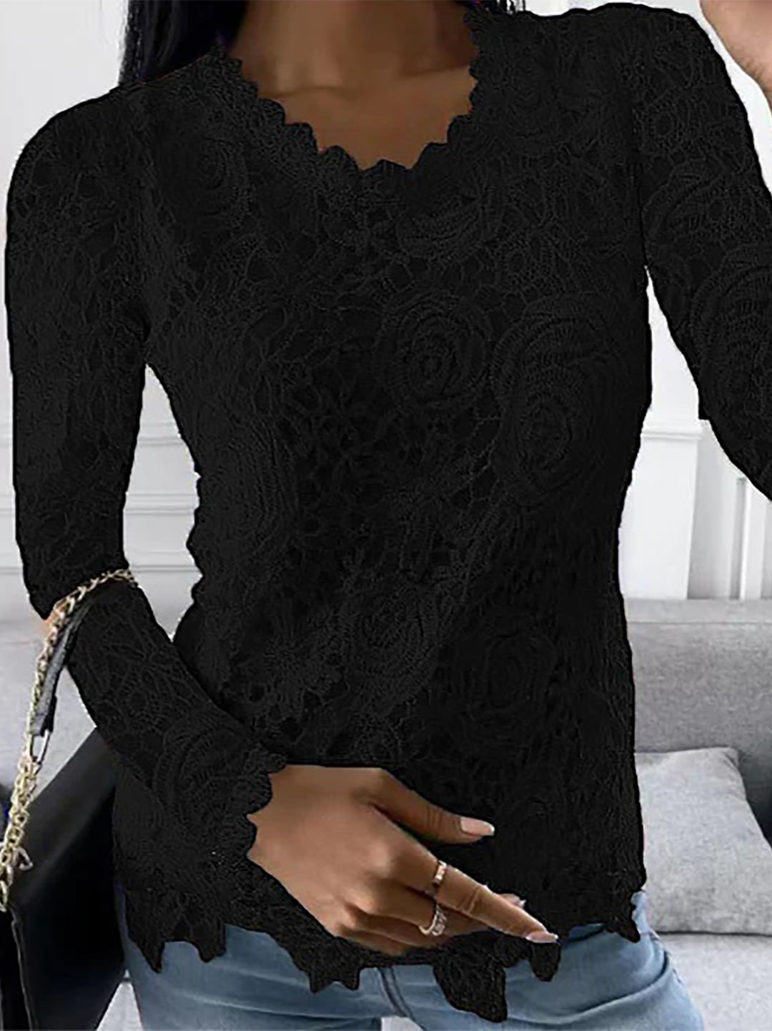 Camicetta elegante donna manica lunga – Camicetta all'uncinetto elegante con pizzo floreale, scollo a V e effetto trasparente