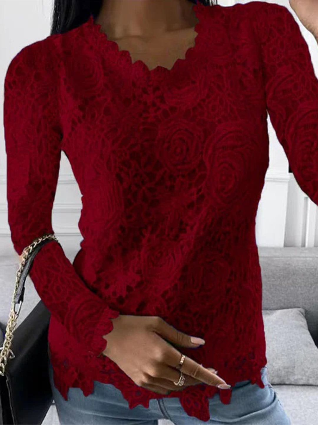 Camicetta elegante donna manica lunga – Camicetta all'uncinetto elegante con pizzo floreale, scollo a V e effetto trasparente