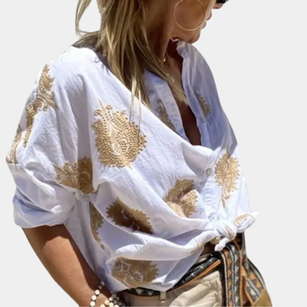 Camicetta estiva da donna con ricamo – Camicetta leggera in cotone con abbottonatura e motivo boho | Camicia ariosa per spiaggia e uso quotidiano