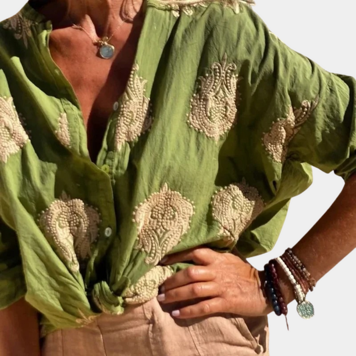 Camicetta estiva da donna con ricamo – Camicetta leggera in cotone con abbottonatura e motivo boho | Camicia ariosa per spiaggia e uso quotidiano