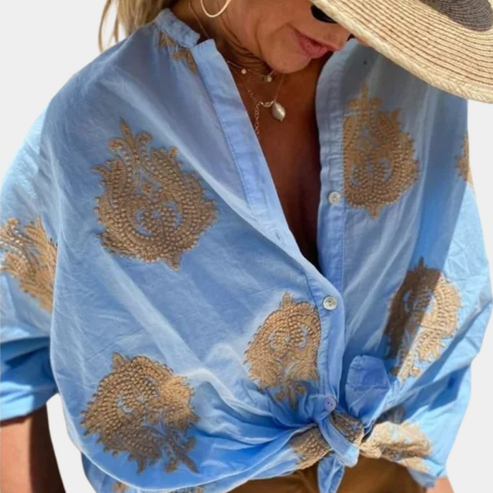 Camicetta estiva da donna con ricamo – Camicetta leggera in cotone con abbottonatura e motivo boho | Camicia ariosa per spiaggia e uso quotidiano