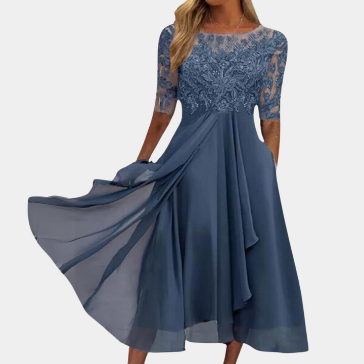 Elegante vestito midi da donna con pizzo e gonna fluente – Abito festivo con maniche 3/4