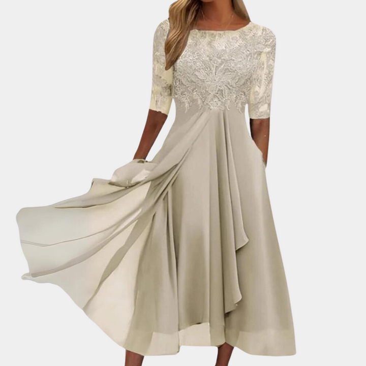 Elegante vestito midi da donna con pizzo e gonna fluente – Abito festivo con maniche 3/4