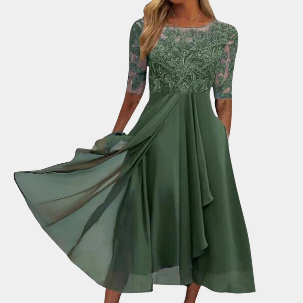 Elegante vestito midi da donna con pizzo e gonna fluente – Abito festivo con maniche 3/4