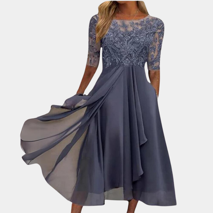 Elegante vestito midi da donna con pizzo e gonna fluente – Abito festivo con maniche 3/4