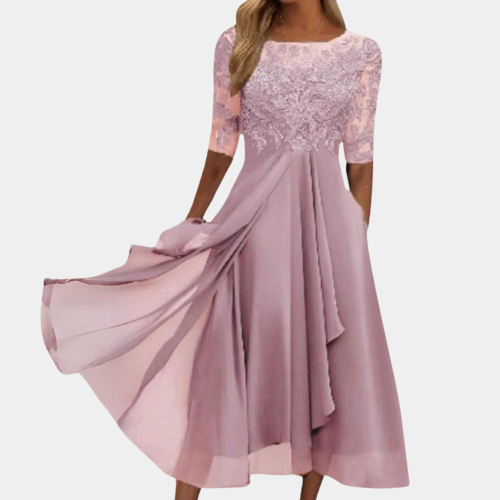 Elegante vestito midi da donna con pizzo e gonna fluente – Abito festivo con maniche 3/4