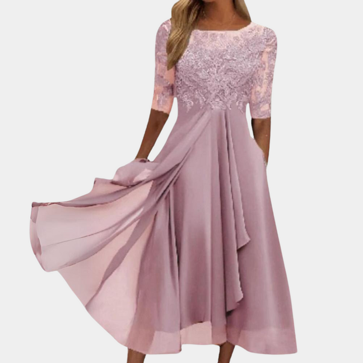 Elegante vestito midi da donna con pizzo e gonna fluente – Abito festivo con maniche 3/4