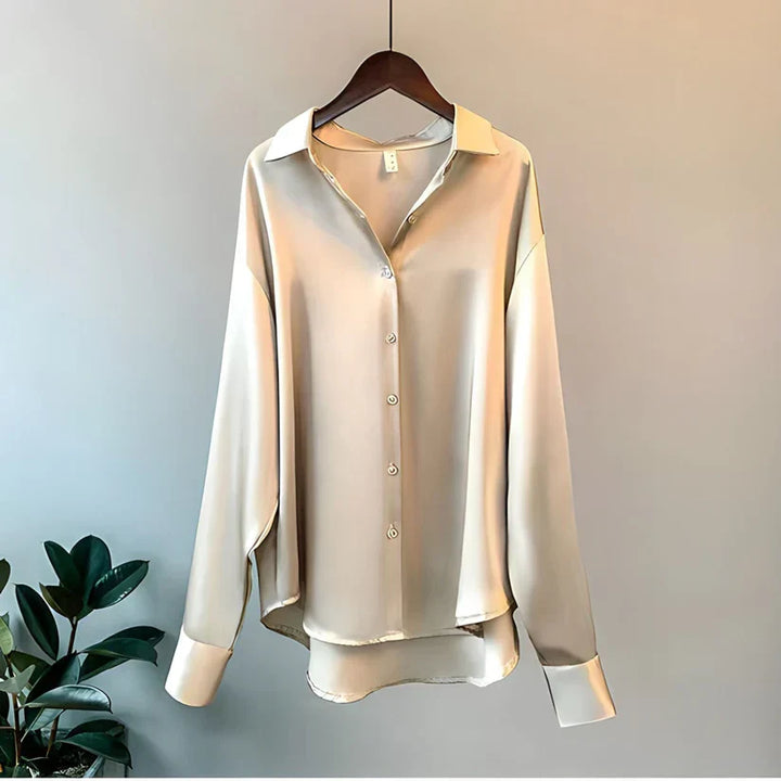 Camicetta da donna in raso con abbottonatura – elegante camicetta a maniche lunghe in tessuto lucido per ufficio e uso quotidiano