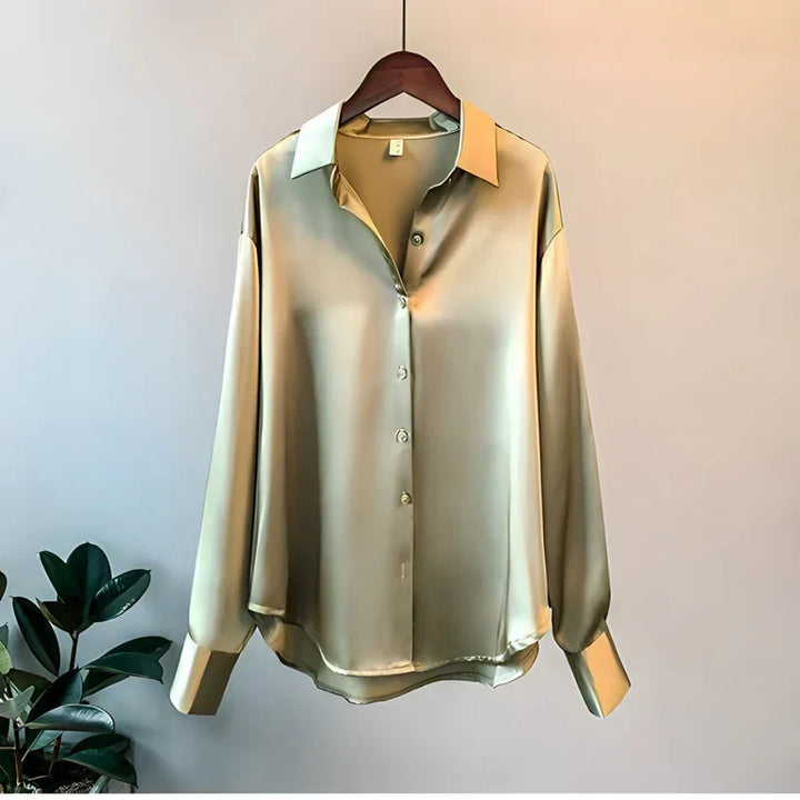 Camicetta da donna in raso con abbottonatura – elegante camicetta a maniche lunghe in tessuto lucido per ufficio e uso quotidiano