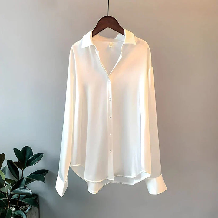 Camicetta da donna in raso con abbottonatura – elegante camicetta a maniche lunghe in tessuto lucido per ufficio e uso quotidiano