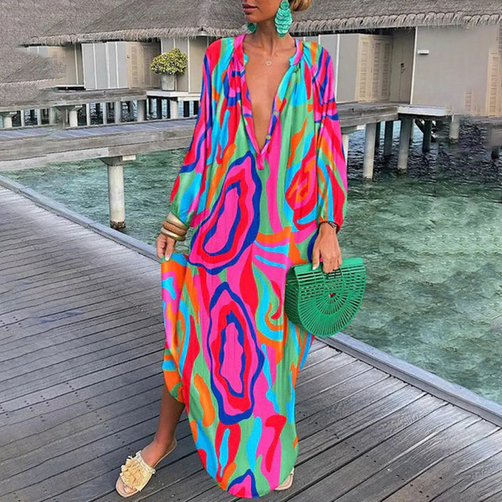 Kaftano Boho Abito lungo donna – Vestito estivo ampio con scollo a V profondo e motivo etnico