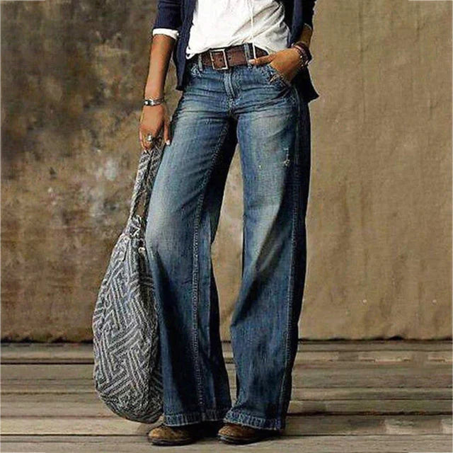 Jeans femme à jambes larges – denim taille haute vintage avec lavage rétro | style bohème décontracté