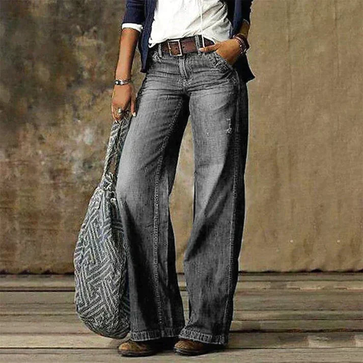 Jeans femme à jambes larges – denim taille haute vintage avec lavage rétro | style bohème décontracté