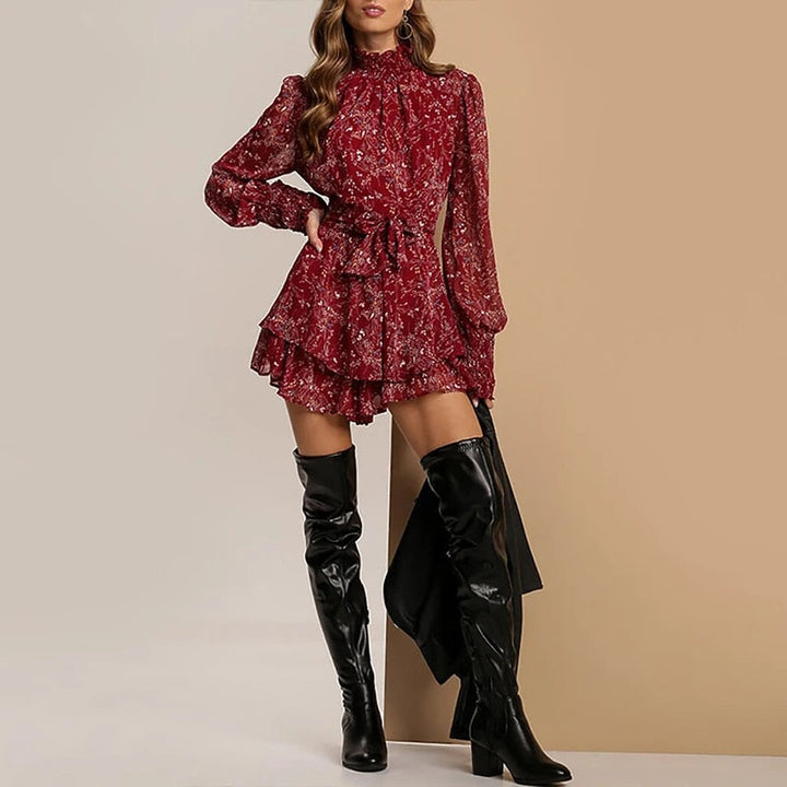 Vestito corto da donna a maniche lunghe con volant e cintura in vita – Elegante, giocoso e perfetto per autunno/inverno