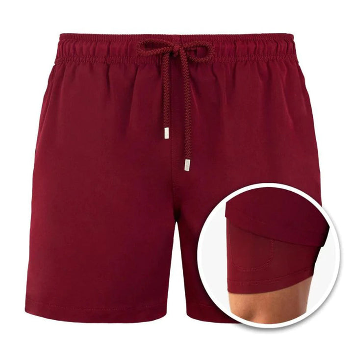 Herren Badeshorts mit Innenfutter – Schnelltrocknende Badehose mit Palmenprint & integrierter Kompressionshose