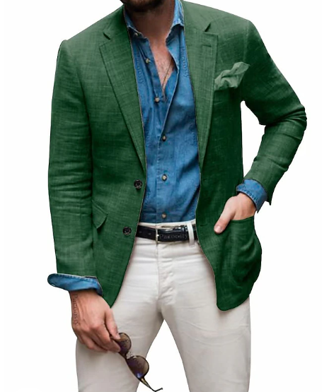 Jon - Blazer en lin pour hommes Plage Mariage Décontracté Coupe ajustée Couleur unie Simple boutonnage Deux boutons