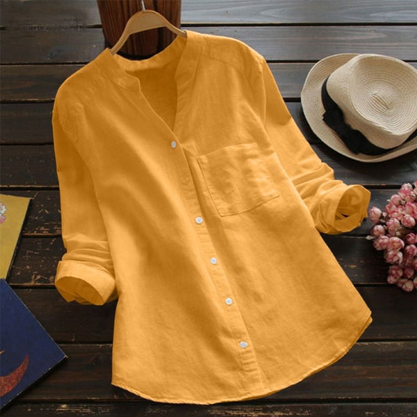 Damen Leinenbluse mit Stehkragen – Luftiges Langarmshirt mit Knopfleiste & Brusttasche für Frühling, Sommer & Alltag