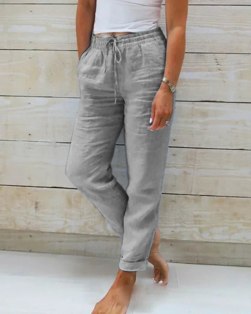 Rose - Pantalon avec ceinture élastique en coton et lin