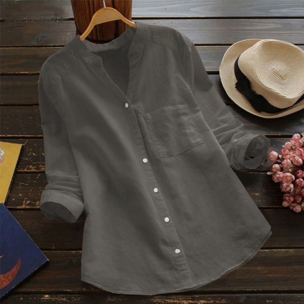 Damen Leinenbluse mit Stehkragen – Luftiges Langarmshirt mit Knopfleiste & Brusttasche für Frühling, Sommer & Alltag