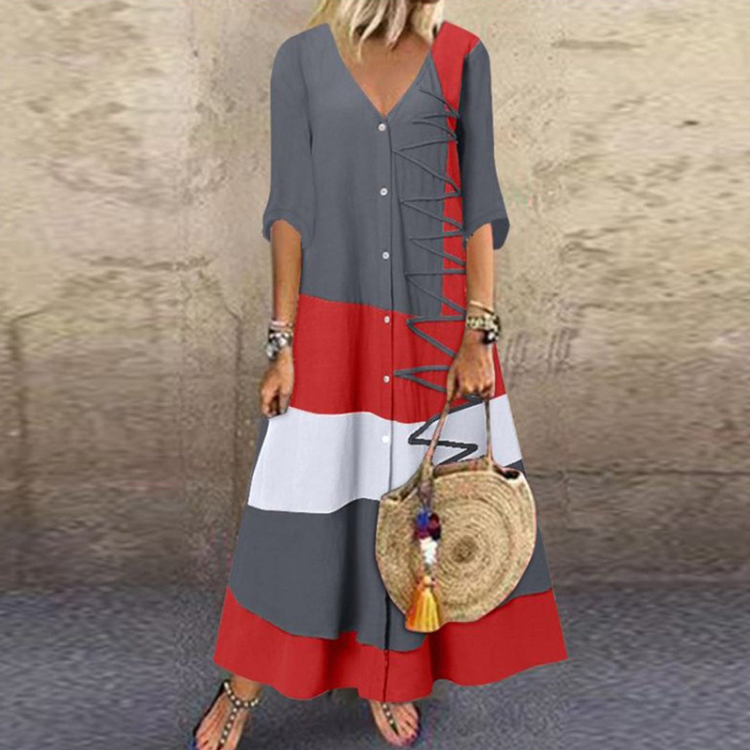 Boho Maxikleid mit V-Ausschnitt & Knopfleiste – Gestreiftes Sommerkleid mit 3/4-Ärmeln für Damen