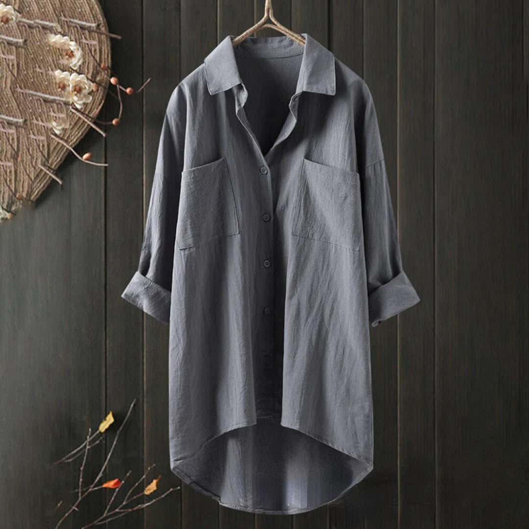 Camicia oversize da donna – Camicia di lino ampia con tasche sul petto e taglio asimmetrico