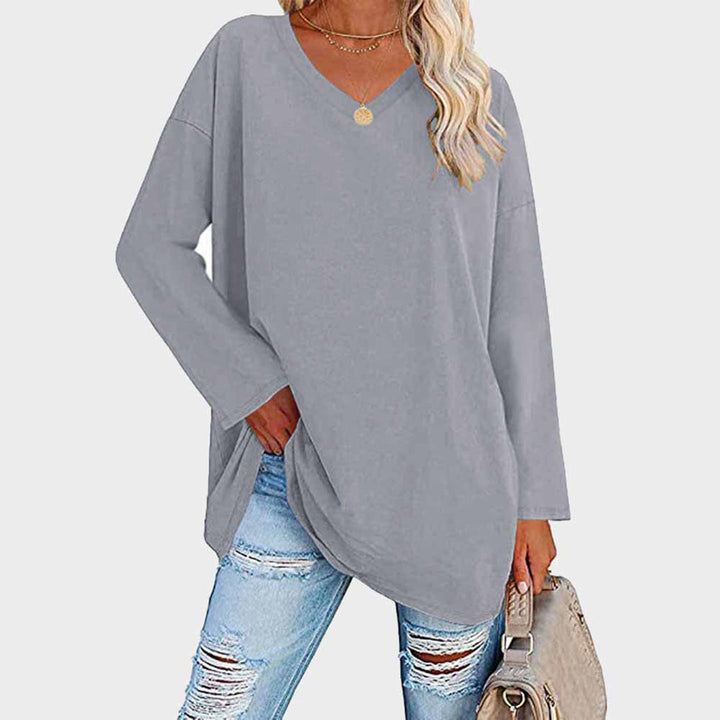 Maglia oversize da donna a manica lunga con scollo a V – Top basic casual a maniche lunghe
