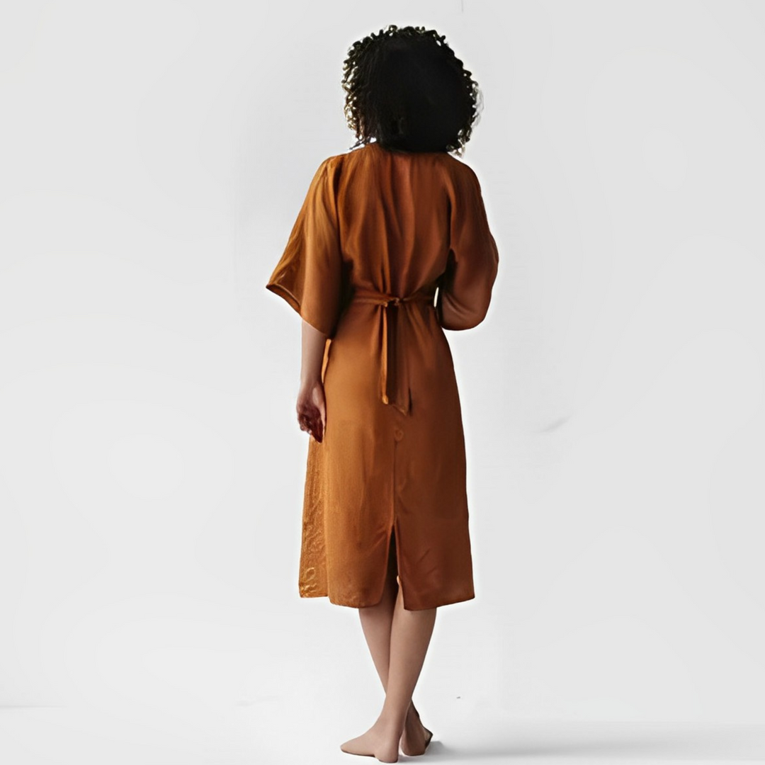 Vestito leggero da donna con scollo a V – Abito midi stile lino ampio con manica larga