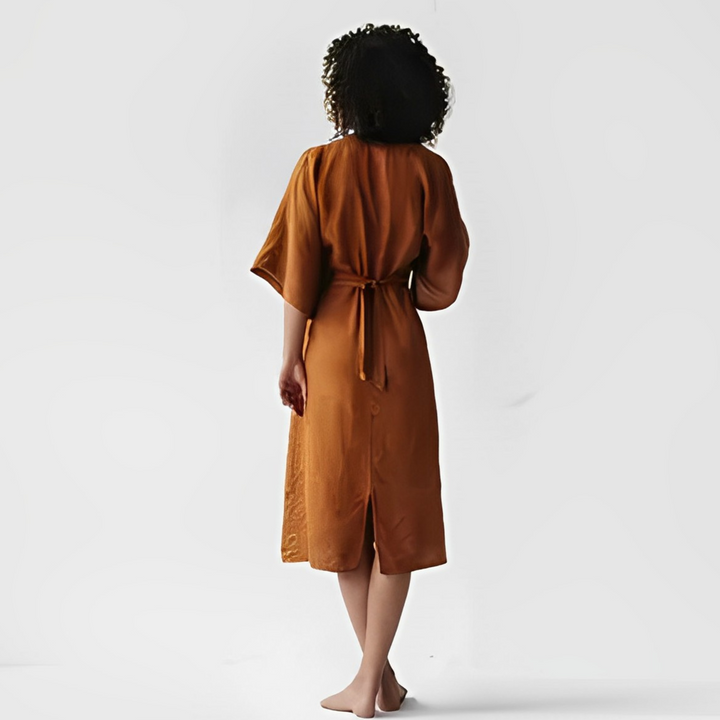 Vestito leggero da donna con scollo a V – Abito midi stile lino ampio con manica larga