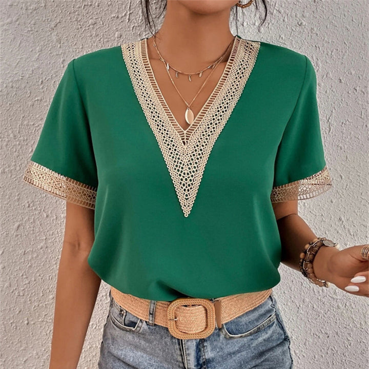 Camicetta estiva da donna con pizzo – maglietta a maniche corte con scollo a V in stile boho per vacanze e tempo libero