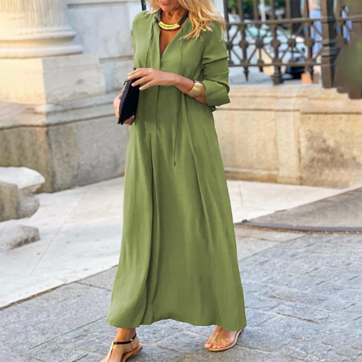 Damen Maxikleid mit V-Ausschnitt und langen Ärmeln – Locker fallendes Sommerkleid für Freizeit & Urlaub