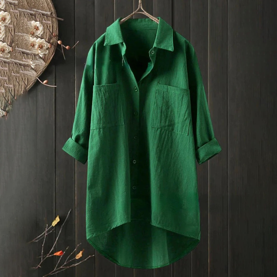 Camicia oversize da donna – Camicia di lino ampia con tasche sul petto e taglio asimmetrico