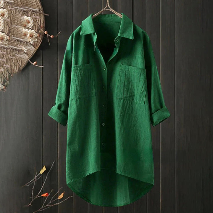 Camicia oversize da donna – Camicia di lino ampia con tasche sul petto e taglio asimmetrico