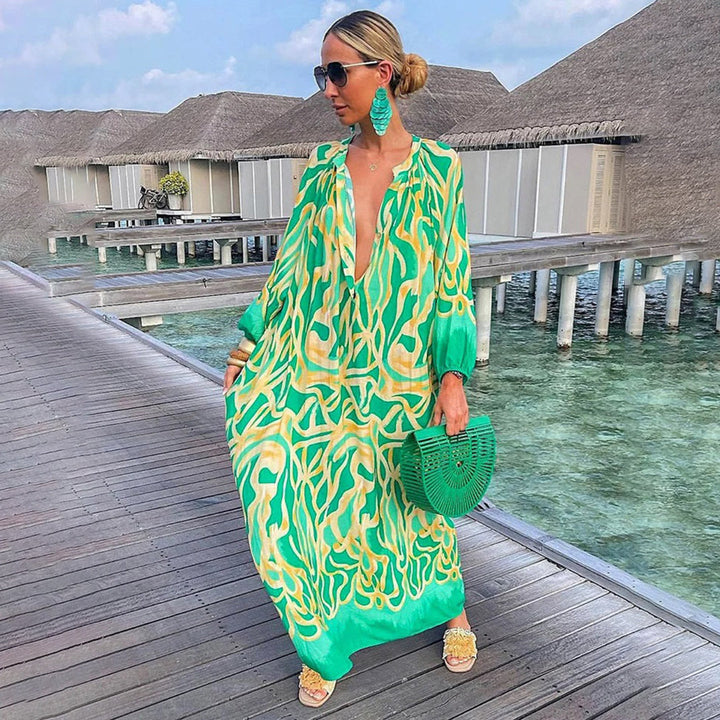 Kaftano Boho Abito lungo donna – Vestito estivo ampio con scollo a V profondo e motivo etnico
