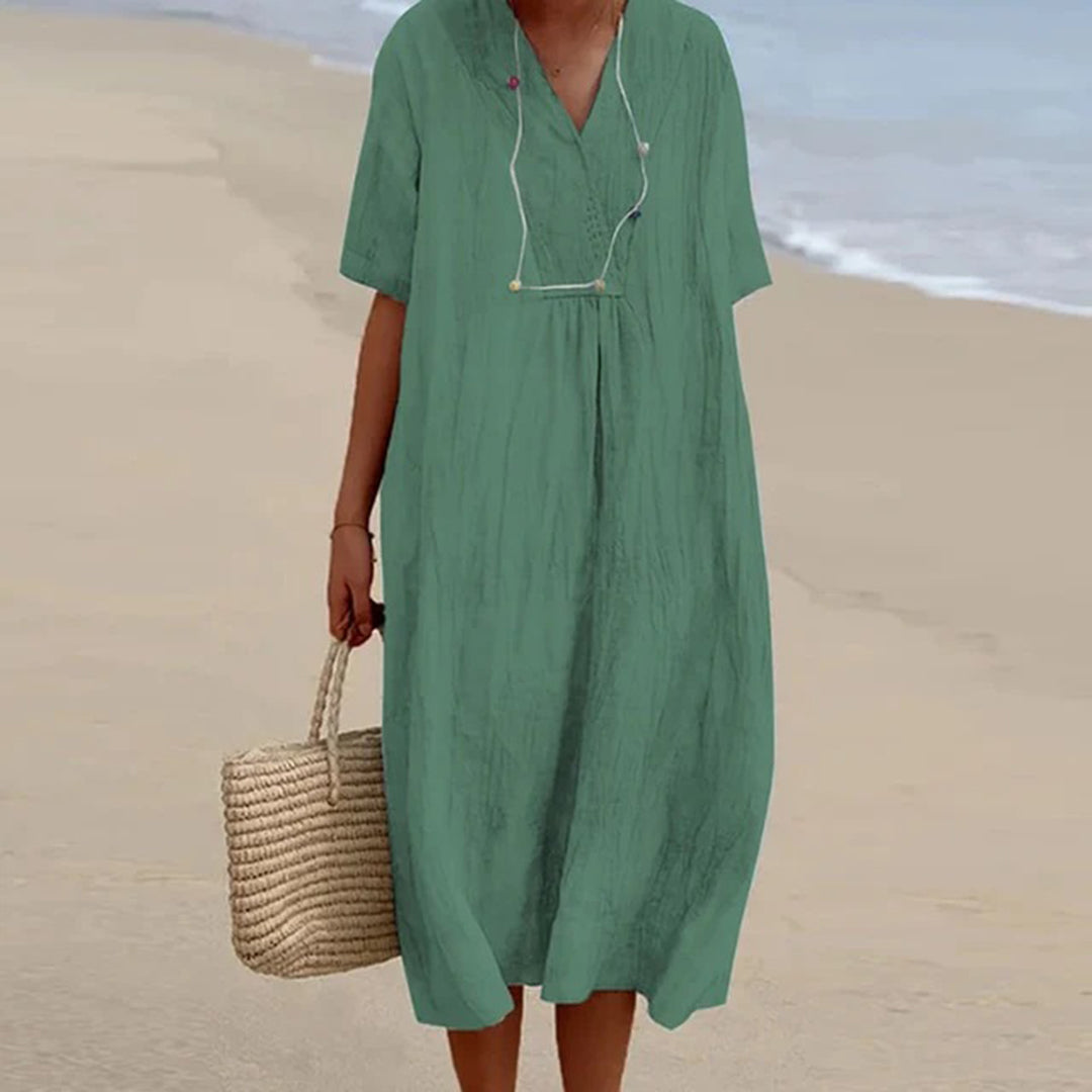 Abito estivo da donna in lino – abito da spiaggia ampio con scollo a V e maniche corte, lunghezza midi
