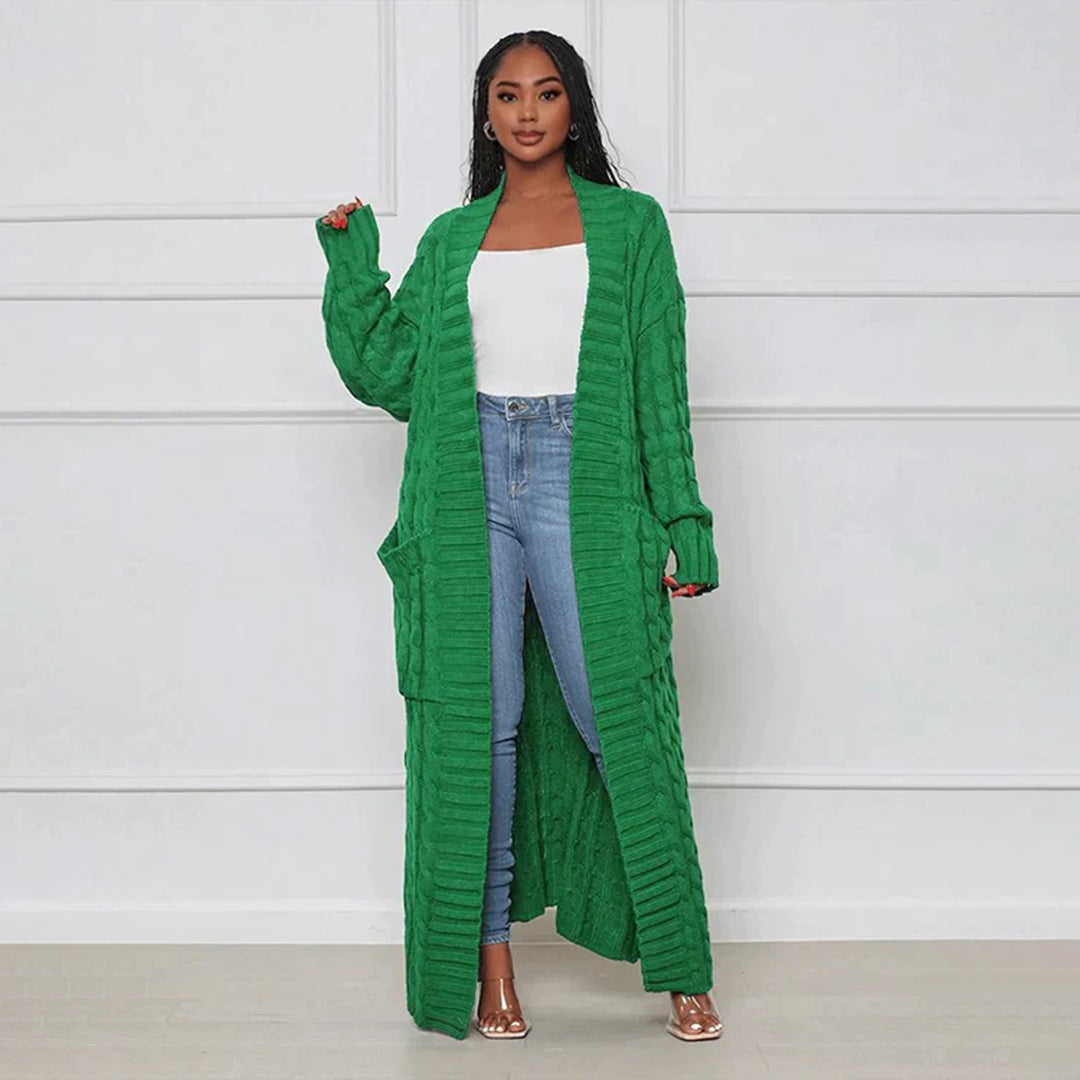 Cardigan long en maille pour femmes avec motif torsadé – Manteau oversize ouvert pour automne & hiver