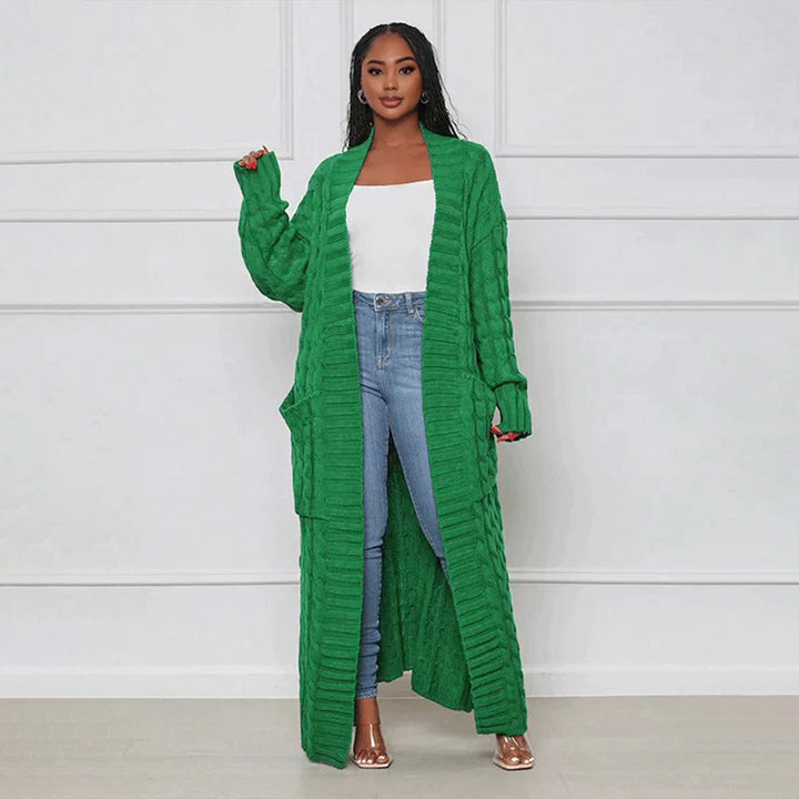 Cardigan long en maille pour femmes avec motif torsadé – Manteau oversize ouvert pour automne & hiver