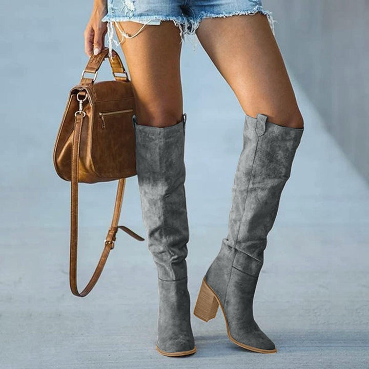 Bottes cowboy à plateforme overknee décontractées en cuir avec aspect daim pour femmes | Parfait pour les journées décontractées