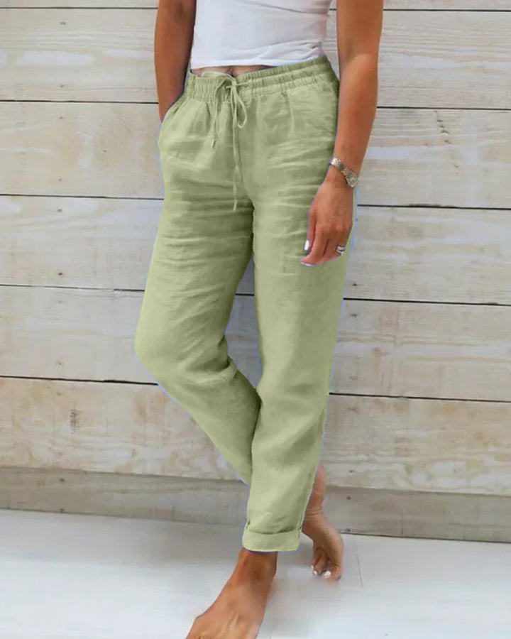 Rose - Pantalon avec ceinture élastique en coton et lin