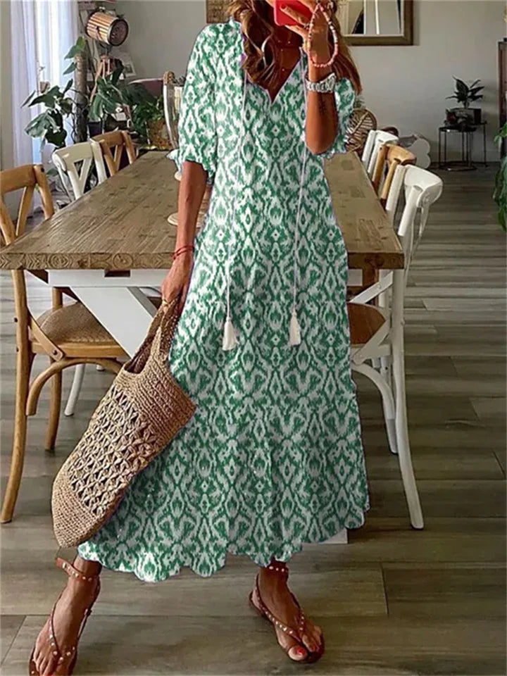 Boho Maxikleid Damen mit Blumendruck – Luftiges Sommerkleid mit V-Ausschnitt & 3/4 Ärmeln für Urlaub & Alltag