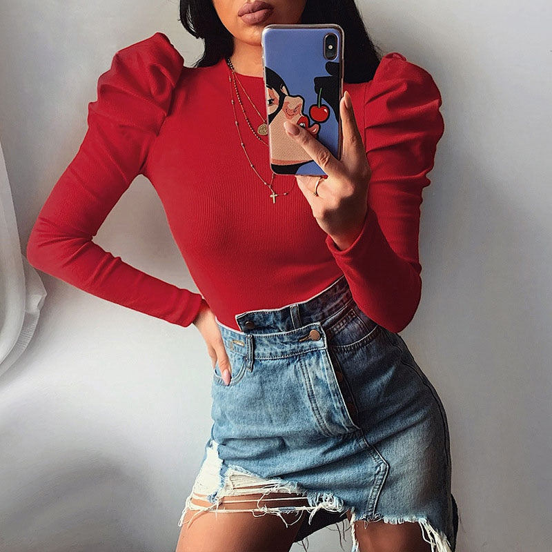Top manches longues pour femme avec manches bouffantes – T-shirt côtelé moulant avec col rond