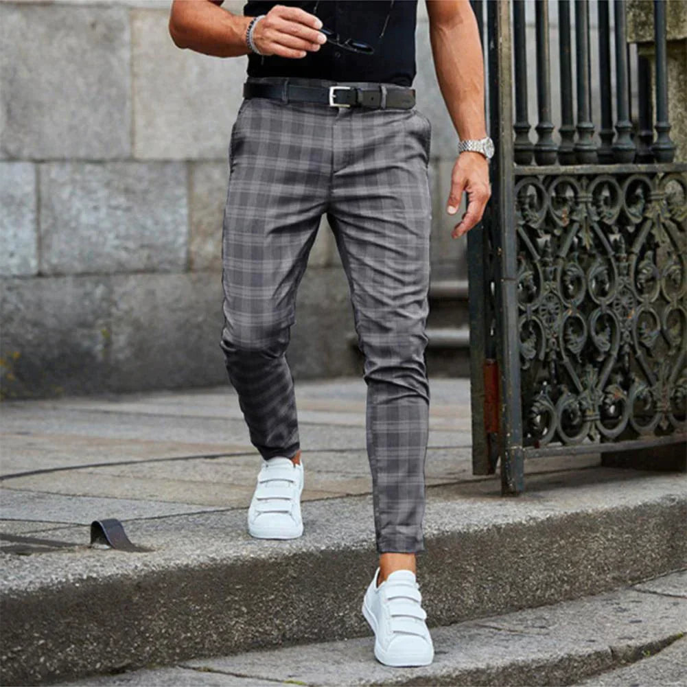 Pantalon en tissu à carreaux élégant pour hommes – Pantalon de costume slim fit avec stretch et ceinture élastique