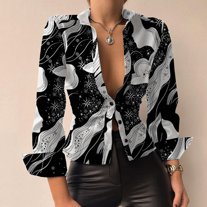 Aurélie - V-neck PU leather printed long-sleeve patchwork blouse
